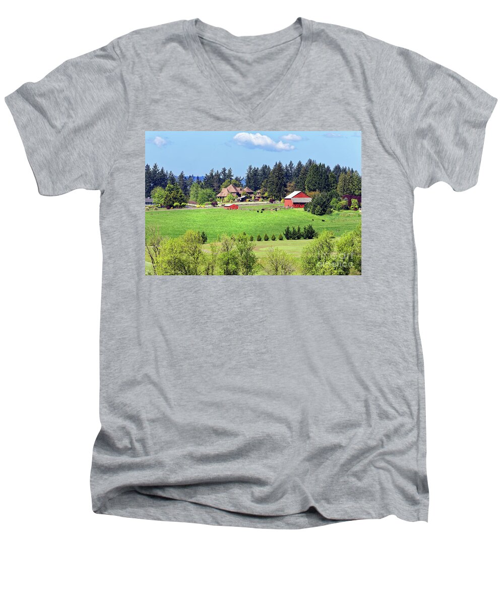 Rural Home Men's V-Neck T-Shirt featuring the photograph Rural home barn pasture cattle Wilsonville Oregon by Robert C Paulson Jr