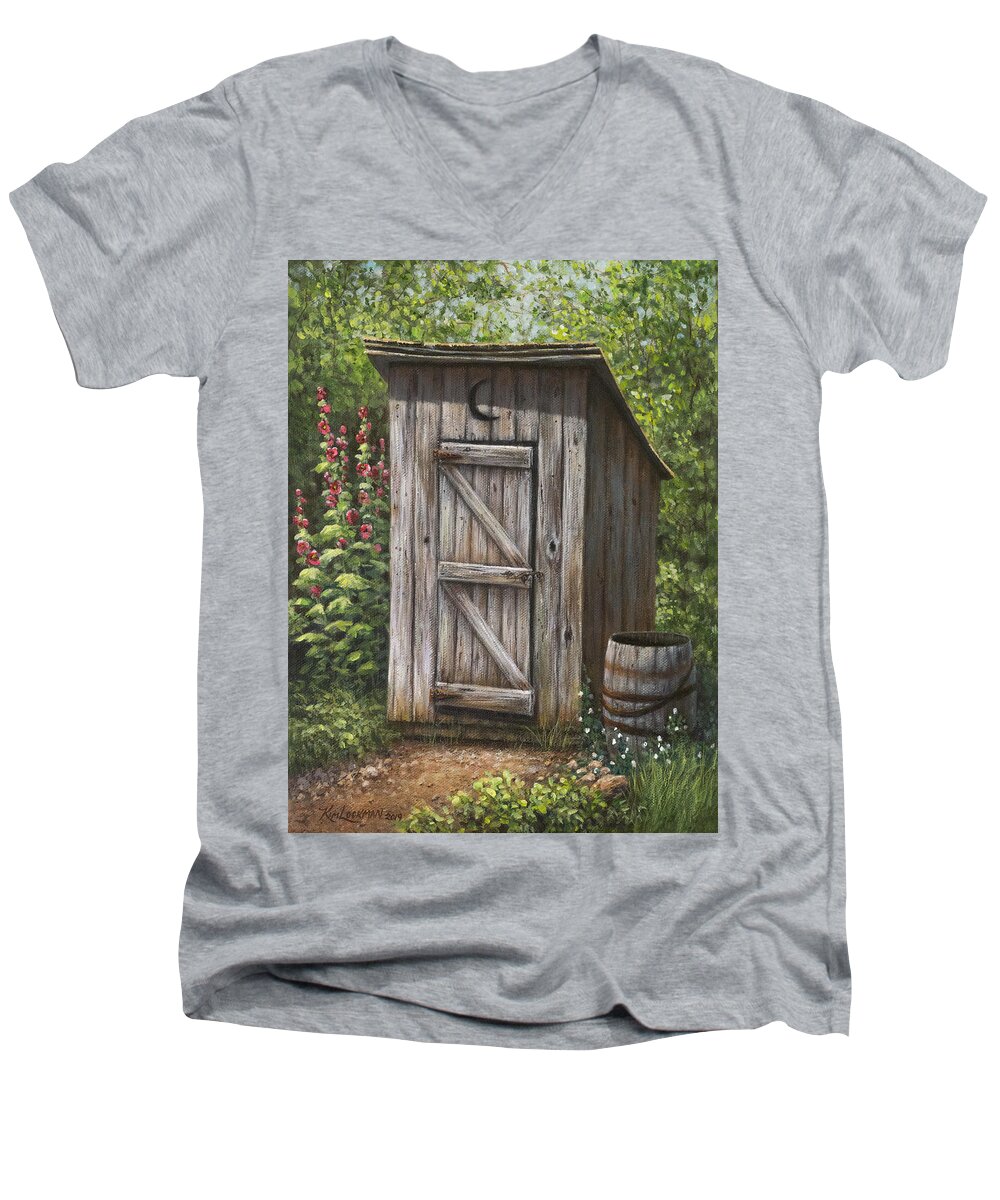 Outhouse Men's V-Neck T-Shirt featuring the painting Rustic Rest Stop by Kim Lockman
