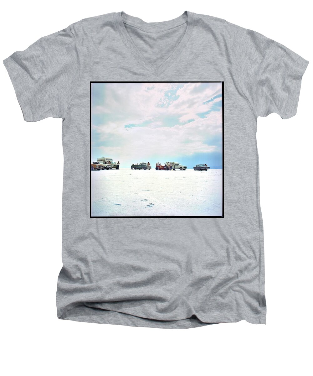 Bonneville Men's V-Neck T-Shirt featuring the photograph Sadd Teague and Bentley roadster on the flats by Andy Romanoff