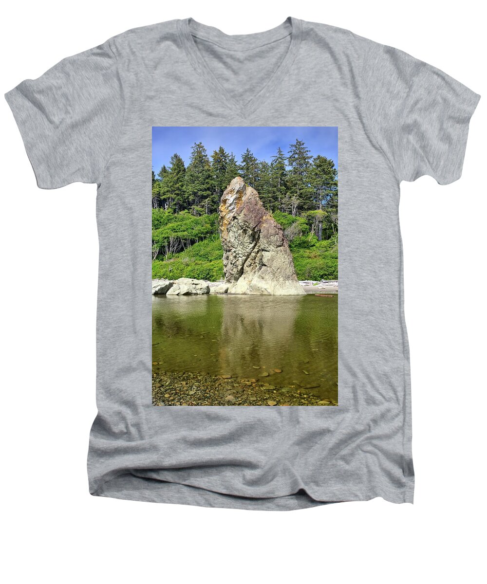 Sea Stack Men's V-Neck T-Shirt featuring the photograph Sea stack at Ruby beach by Kyle Lee