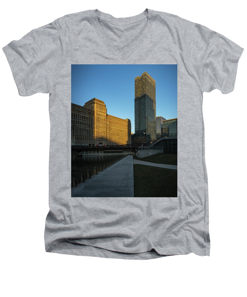 Chicago Riverwalk Merchandise Mart Men's V-Neck T-Shirt featuring the photograph Shadows of the City by Laura Hedien