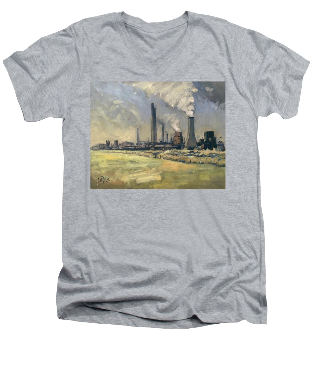 Prins Maurits Mijn Men's V-Neck T-Shirt featuring the painting Smoke stacks Prins Maurits mine by Nop Briex