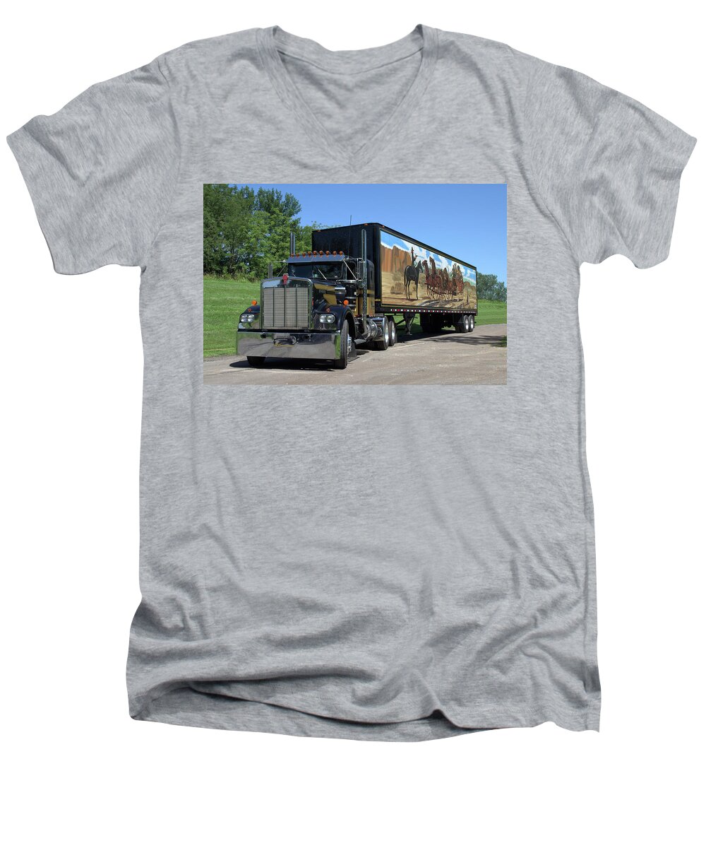  Kenworth Men's V-Neck T-Shirt featuring the photograph Smokey and the Bandit Tribute Kenworth W900 Black and Gold Semi Truck by TeeMack
