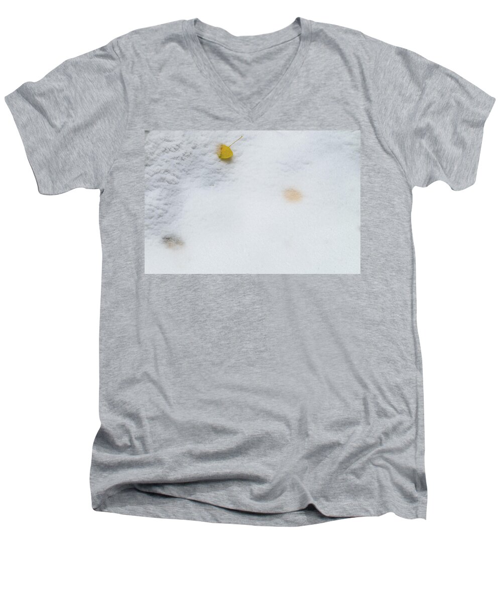 Aspens Men's V-Neck T-Shirt featuring the photograph Snow Covered Aspen Leaves by Johnny Boyd