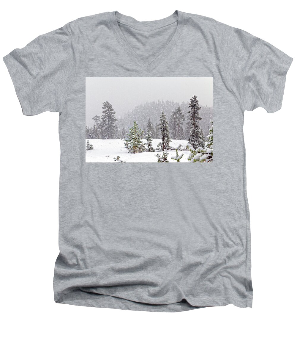 Heavy Snow Fall Men's V-Neck T-Shirt featuring the photograph Snowfall falling snow snowy winter hill conifer trees storm fore by Robert C Paulson Jr