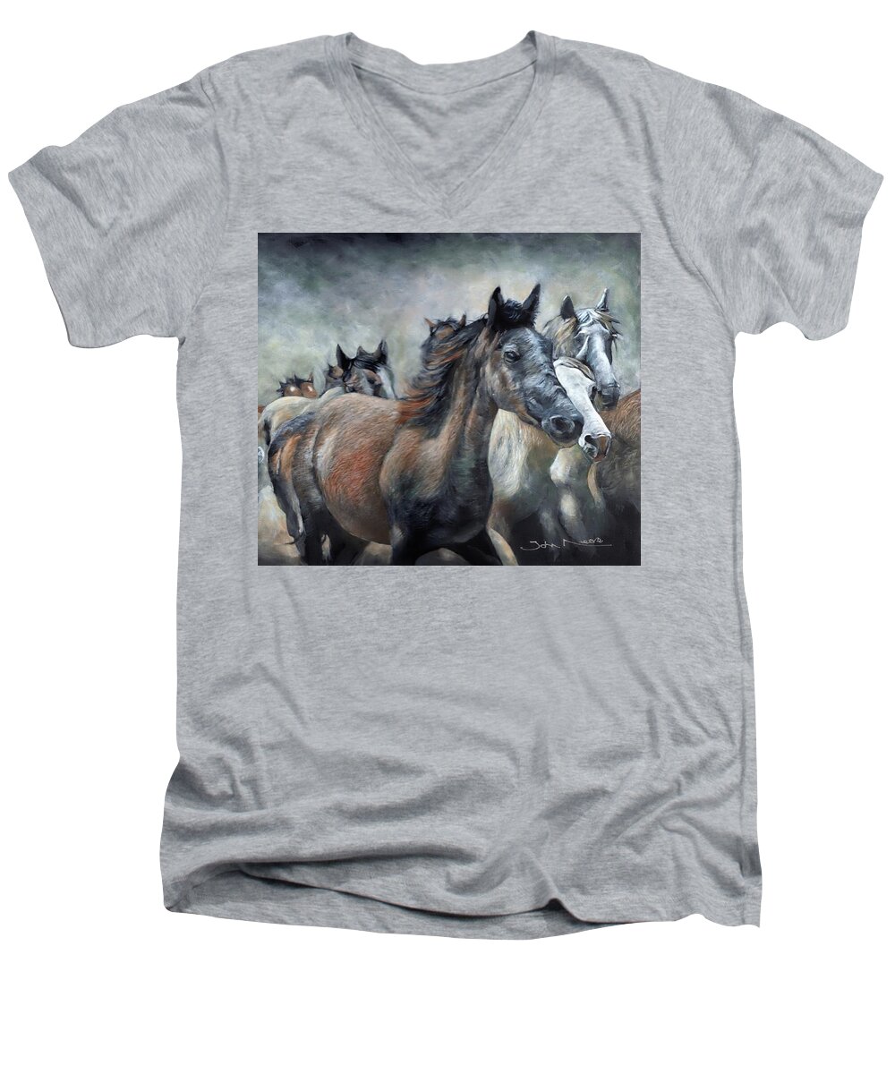 Stampede Men's V-Neck T-Shirt featuring the painting Stampede by John Neeve