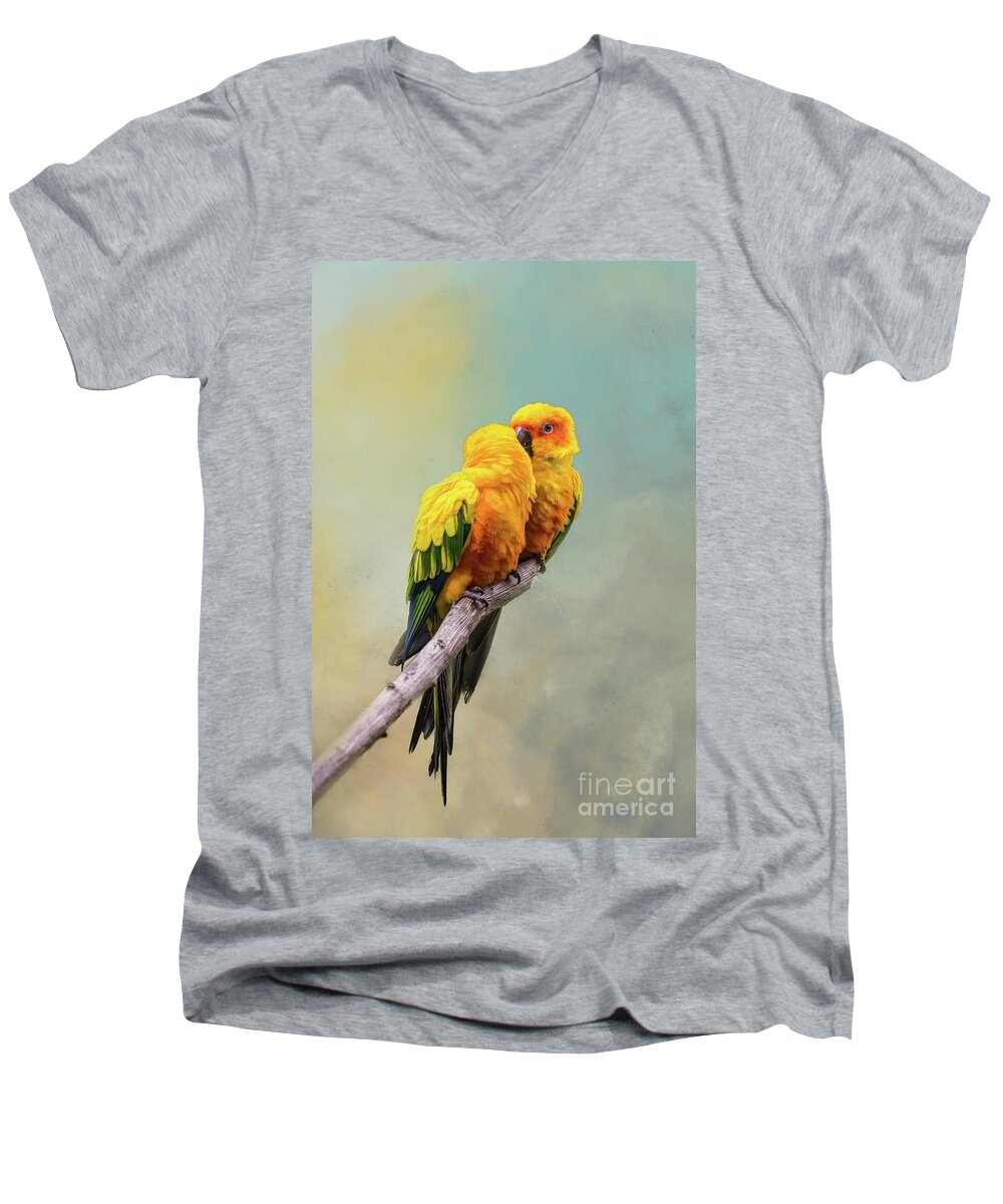 Sun Parakeet Men's V-Neck T-Shirt featuring the photograph Sun Parakeets Love by Eva Lechner