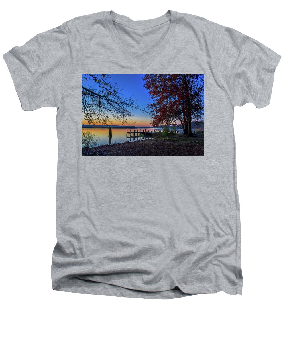 Sunrise Men's V-Neck T-Shirt featuring the photograph Sunrise on the Patuxent by Cindy Lark Hartman
