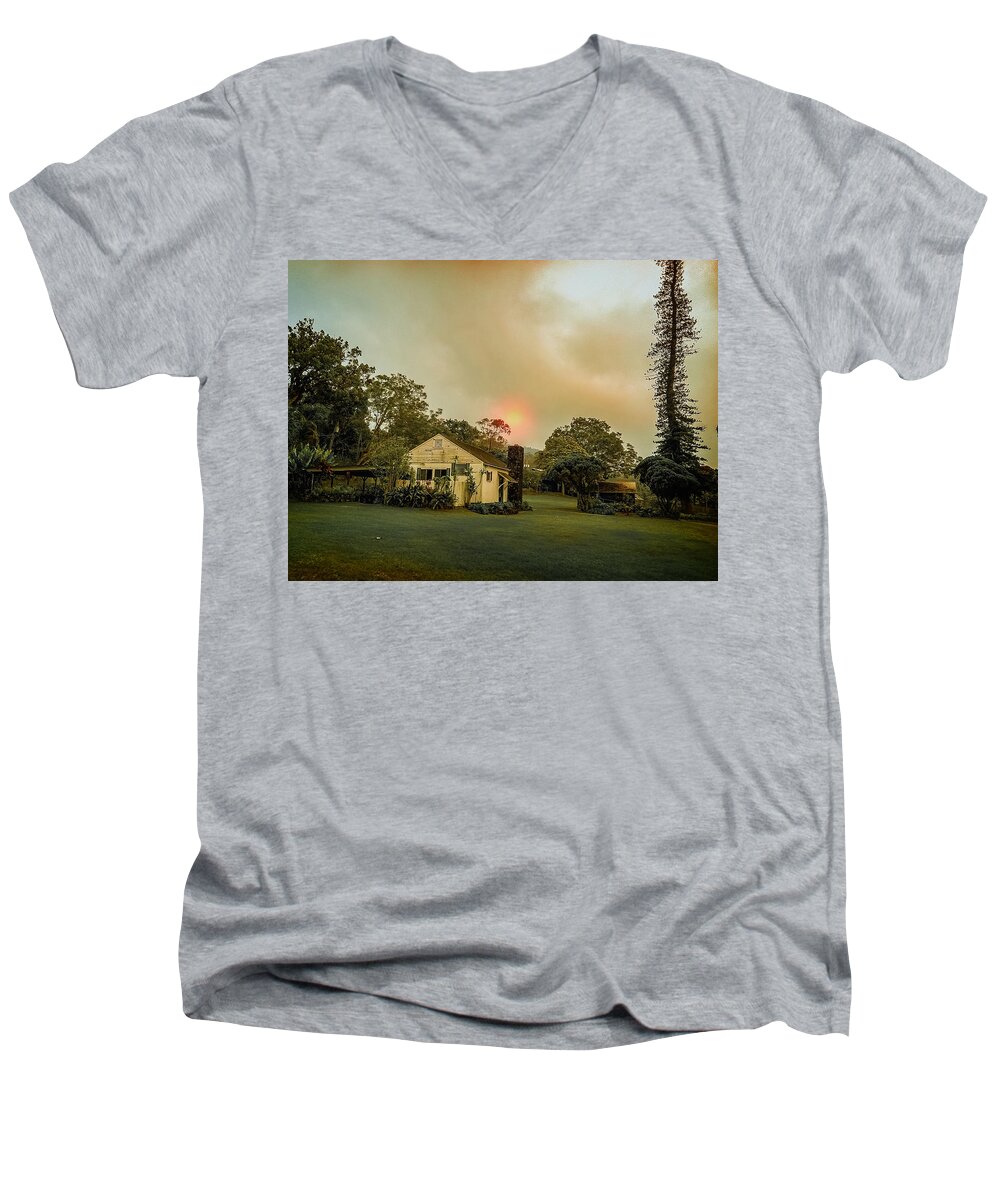 Sunrise Sun Landscape Dawn Morning Rising Sunset Light Landscapes Sunshine Sunny Rural Countryside Hills Rustic Shining Country Farm Nature Bright Haze Mist Fog Forest Trees Atmosphere Woods Morning Autumn Lake Fall Water Mountain Nature Mountains River Sun Dawn Road Mood Path Men's V-Neck T-Shirt featuring the photograph Sunrise Through The Haze by Pheasant Run Gallery