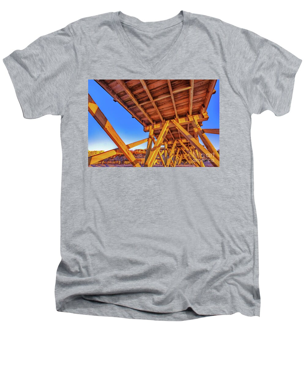 Pier Men's V-Neck T-Shirt featuring the photograph Sunrise Under the Sea Cabin Pier by David Smith