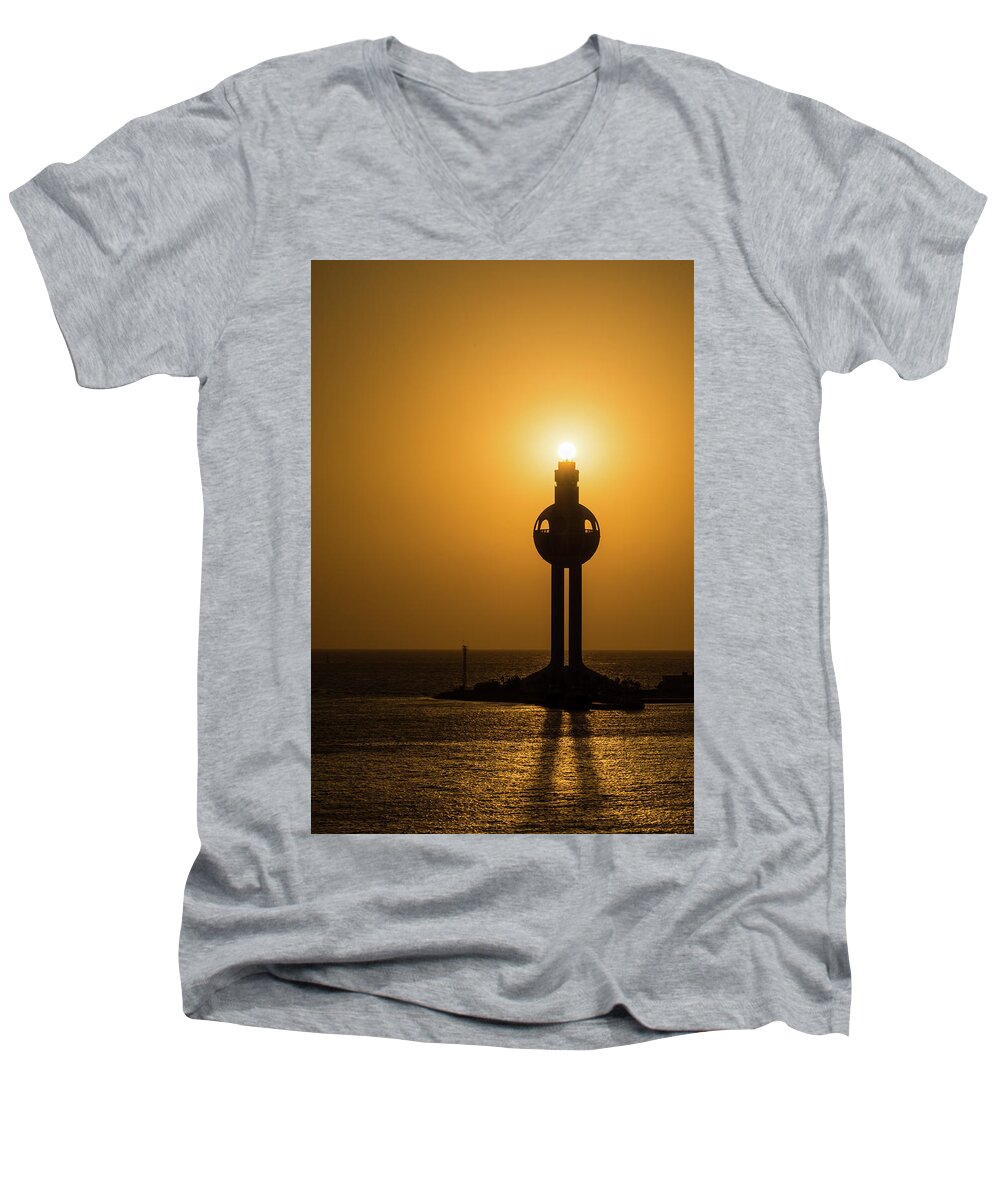 Lighthouse Men's V-Neck T-Shirt featuring the photograph Sunset in Port Jeddah, Saudi Arabia by William Dickman