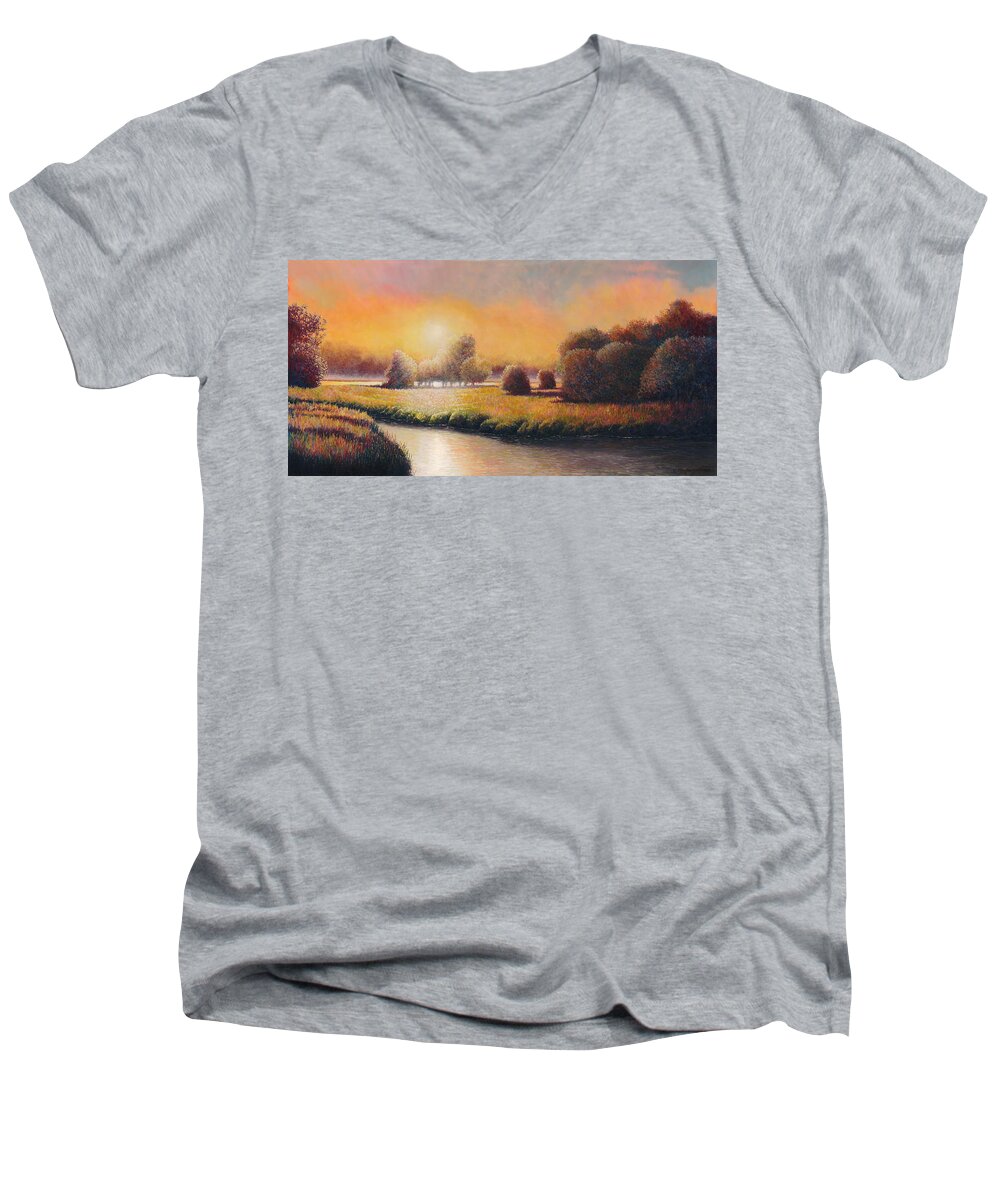 Landscape Men's V-Neck T-Shirt featuring the painting Sunset Serenity by Douglas Castleman