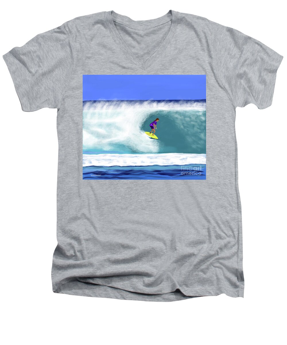 Surfer Girl Men's V-Neck T-Shirt featuring the digital art Surfer Girl by Annette M Stevenson