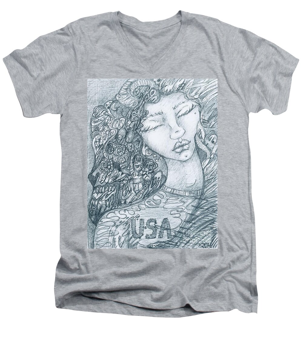  Men's V-Neck T-Shirt featuring the drawing The Immigrant Heart by Judy Henninger