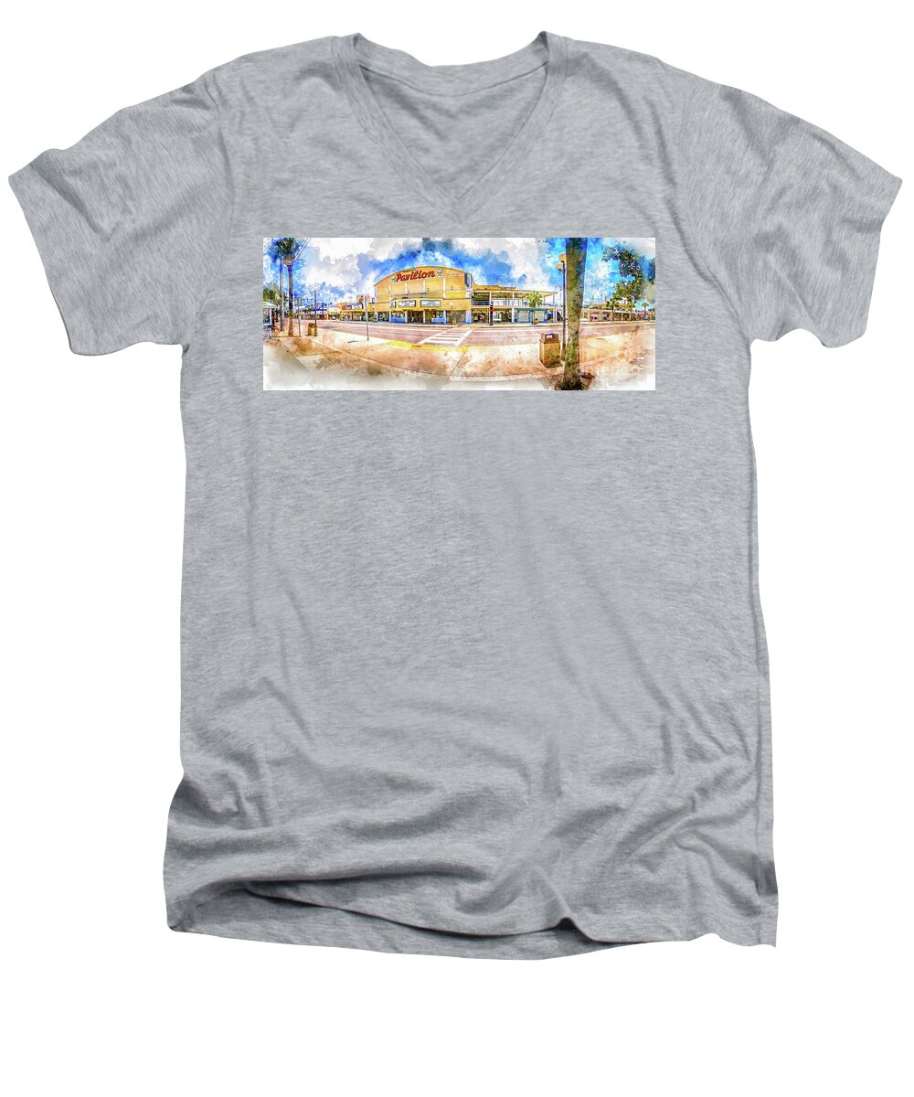 Pavilion Men's V-Neck T-Shirt featuring the digital art The Myrtle Beach Pavilion - Watercolor by David Smith