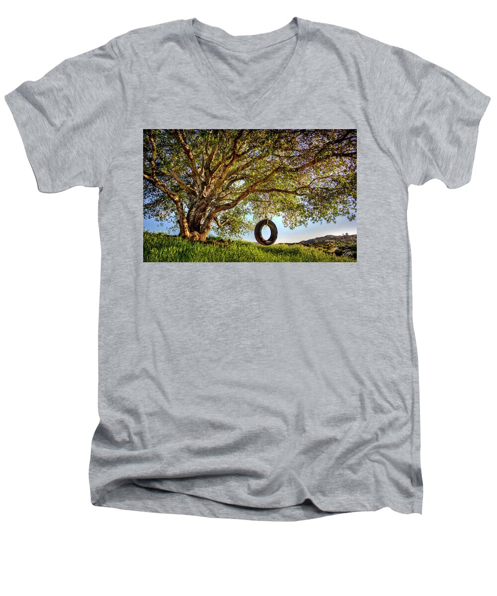 Oak Tree Men's V-Neck T-Shirt featuring the photograph The Old Tire Swing by Endre Balogh