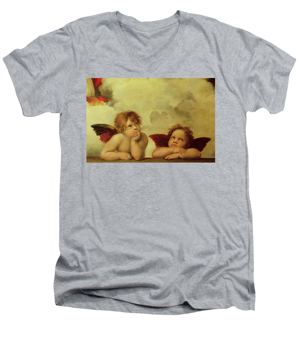 Raphael Men's V-Neck T-Shirt featuring the painting The two angels. Detail of the Madonna Sistina -40-07-06/22-. by Raphael -1483-1520-