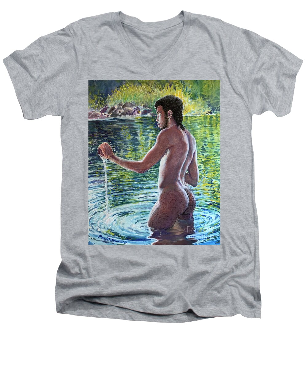 Male Nude Men's V-Neck T-Shirt featuring the painting The Water Ritual by Marc DeBauch