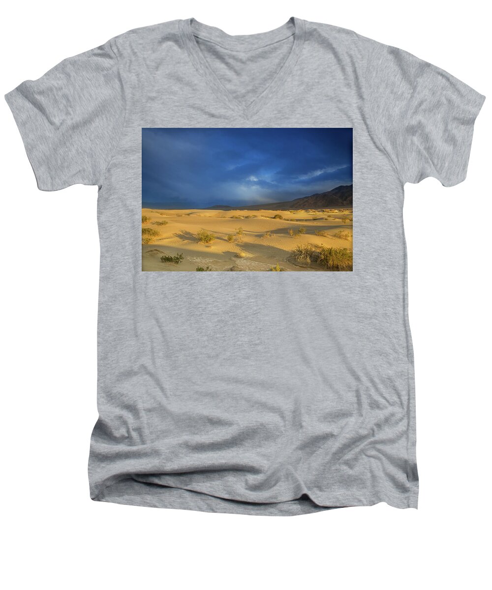 Death Valley Clouds Men's V-Neck T-Shirt featuring the photograph Thunder over the desert by Kunal Mehra