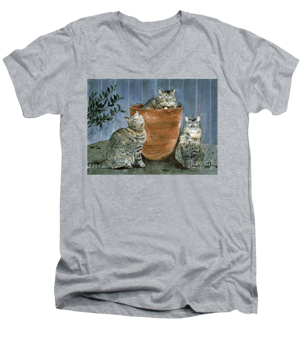 Three Neighbors Cats Gather On Our Front Porch. Men's V-Neck T-Shirt featuring the painting Tres Gatos by Monte Toon
