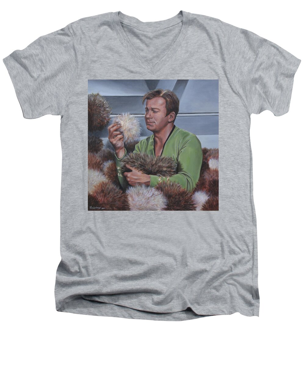 Star Trek Men's V-Neck T-Shirt featuring the painting Tribble Trouble by Kim Lockman