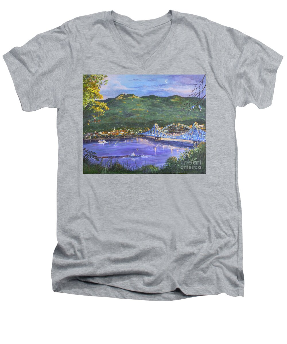 Blue Bridges Men's V-Neck T-Shirt featuring the painting Twilight At Blue Bridges by Marilyn Smith