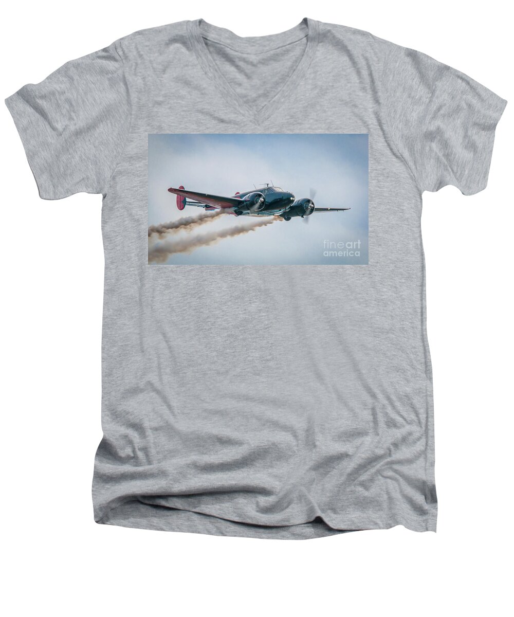 Airplane Men's V-Neck T-Shirt featuring the photograph Twin Beech in Level Flight by Tom Claud