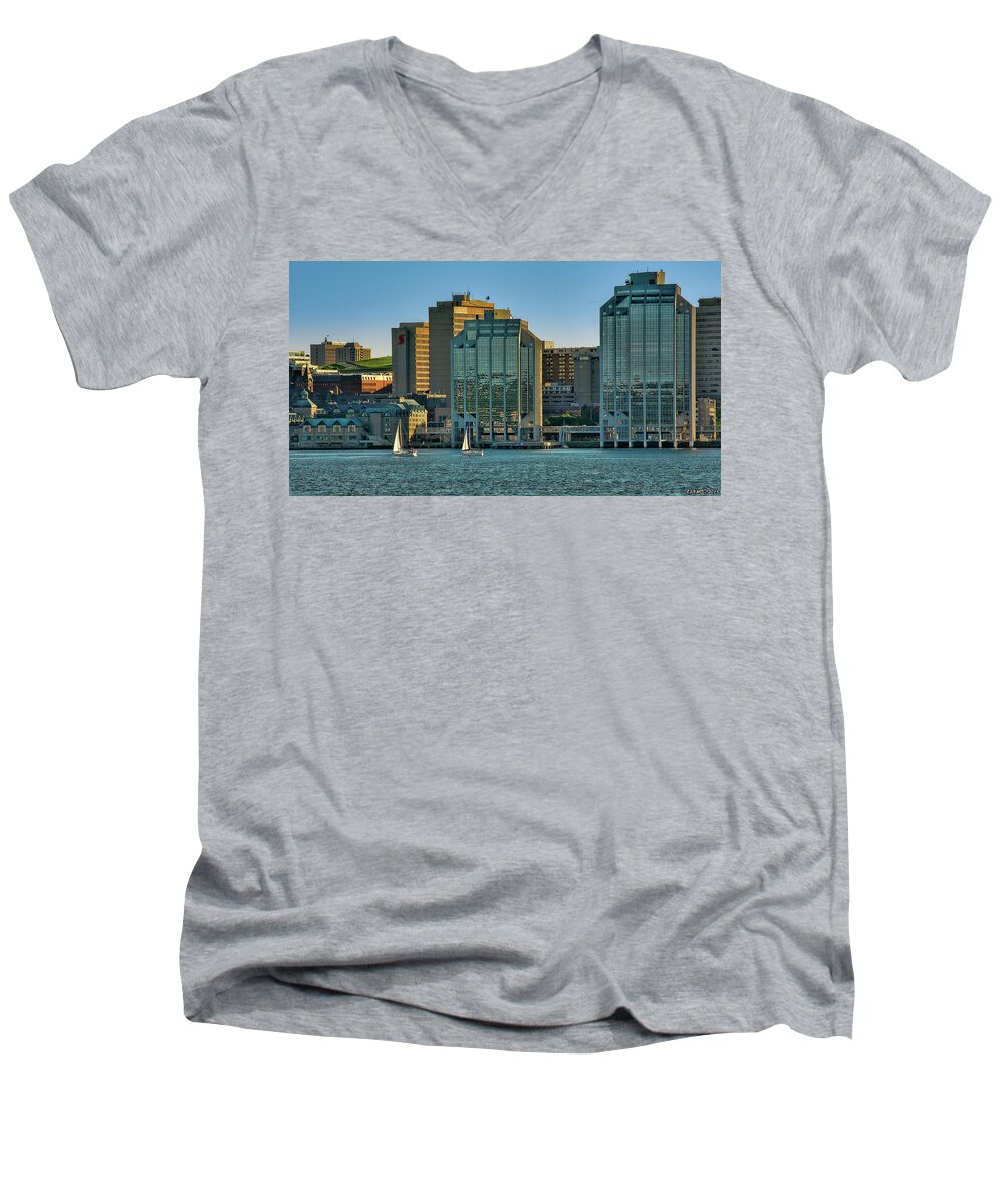 Halifax Men's V-Neck T-Shirt featuring the photograph Twin Purdy Towers of Halifax by Ken Morris