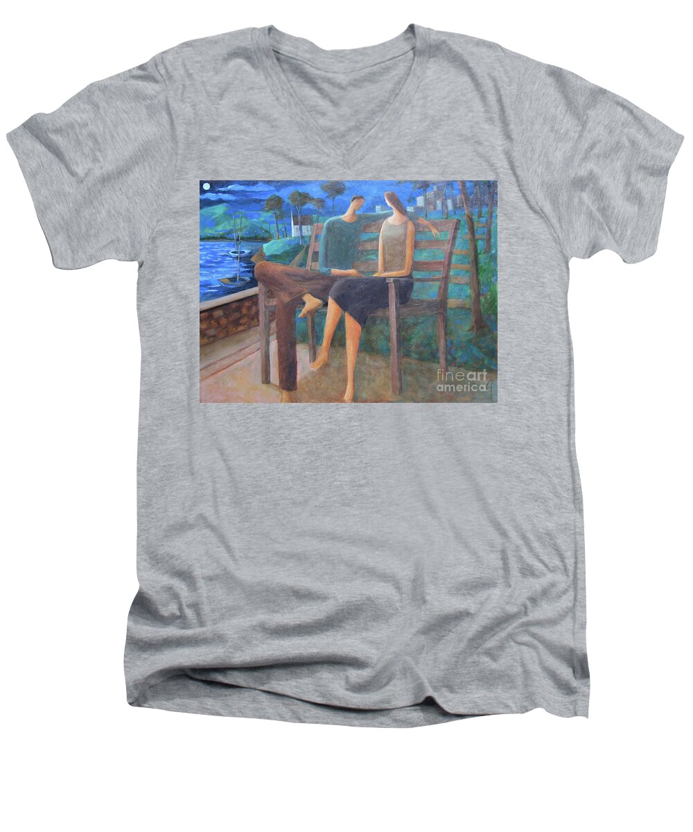 Night Men's V-Neck T-Shirt featuring the painting Two Boats In The Night by Glenn Quist