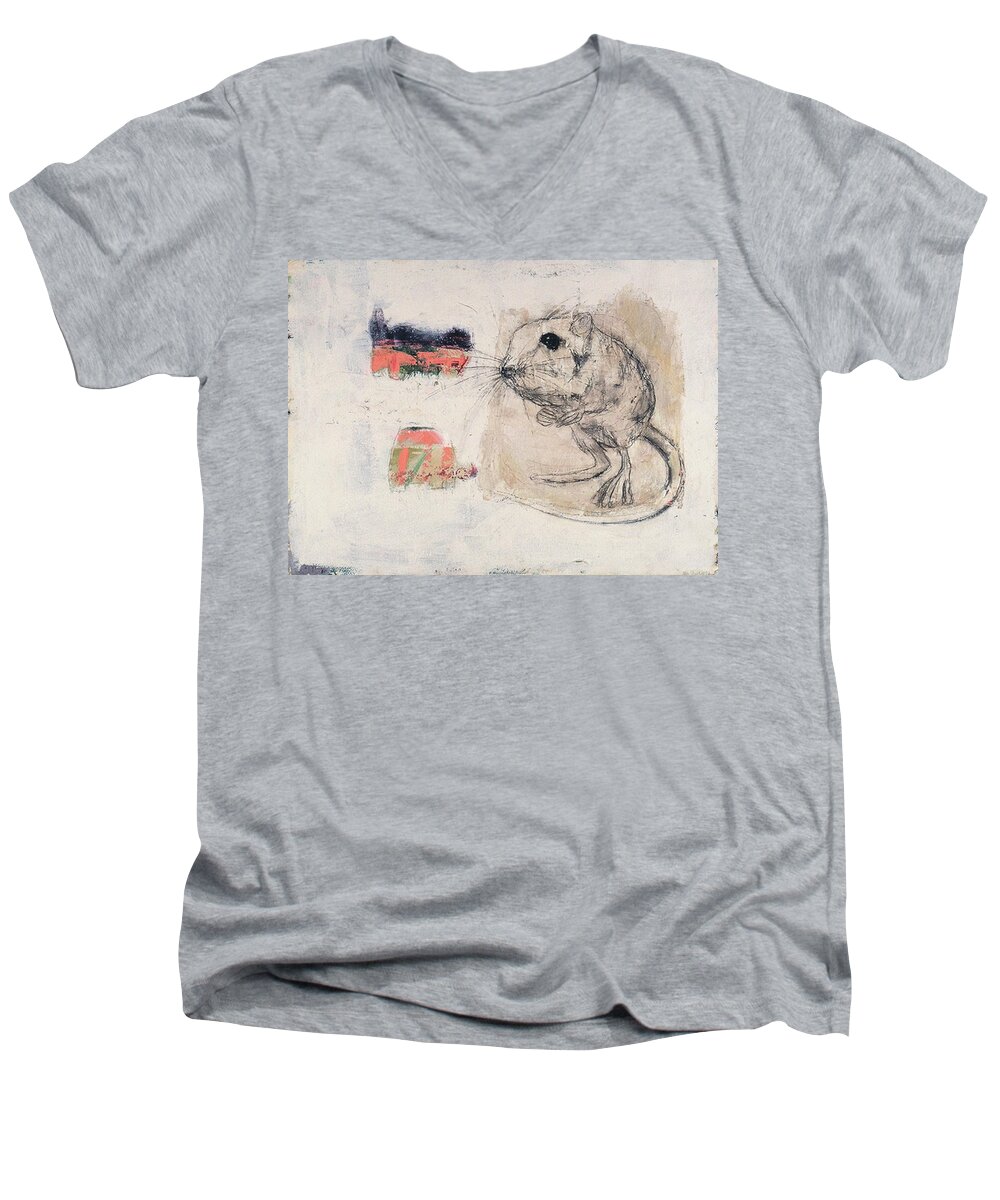 Mouse Men's V-Neck T-Shirt featuring the painting Uninvited Houseguest by Janet Zoya