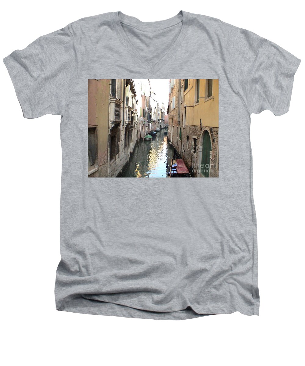 Venice Men's V-Neck T-Shirt featuring the photograph Venice Italy Canal Water Way Gondolas Panoramic View by John Shiron