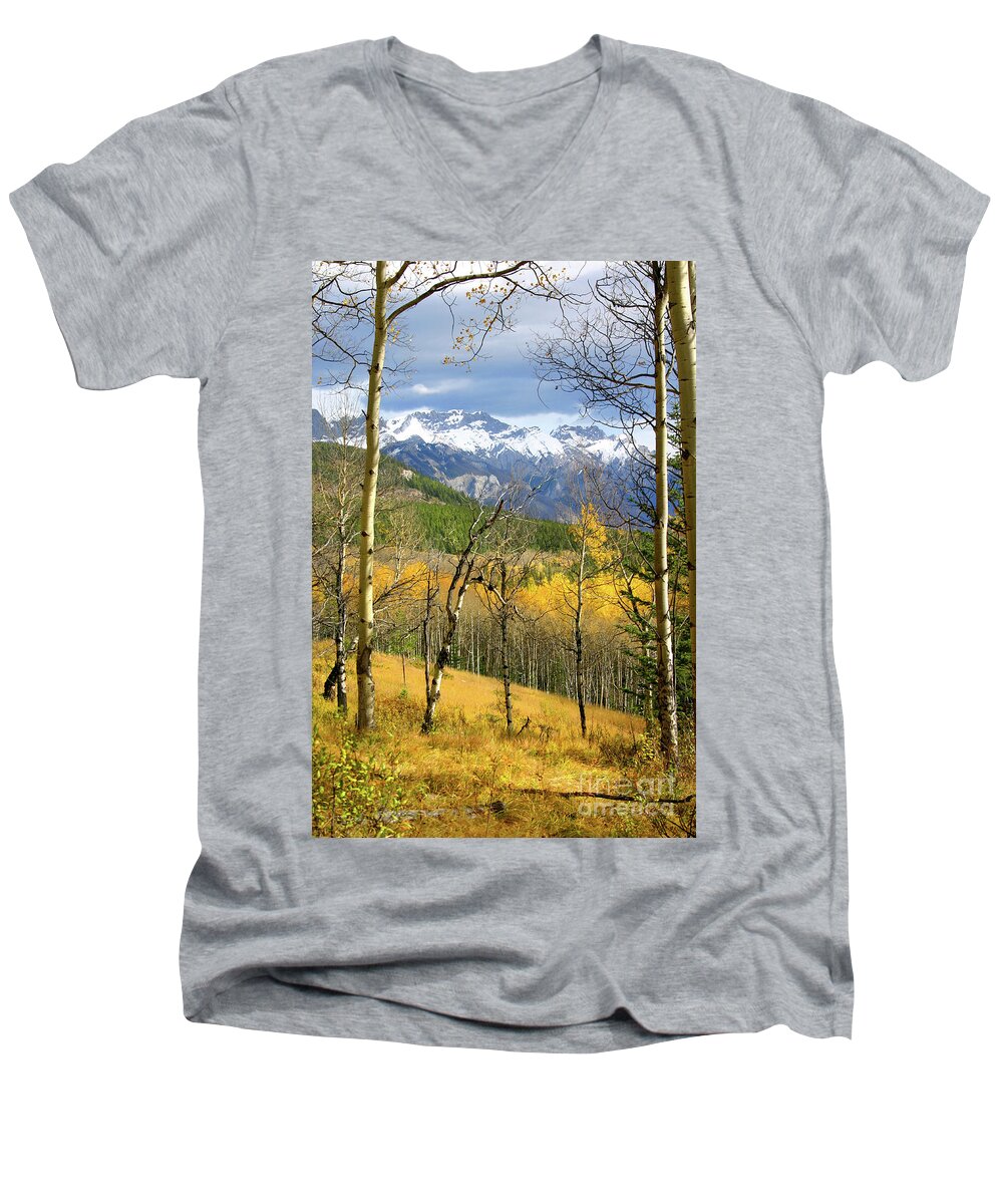 Mountain Men's V-Neck T-Shirt featuring the photograph vertical yellow fall autumn leaves Quaking Aspen trees forest grove snowy mountain peaks landscape by Robert C Paulson Jr