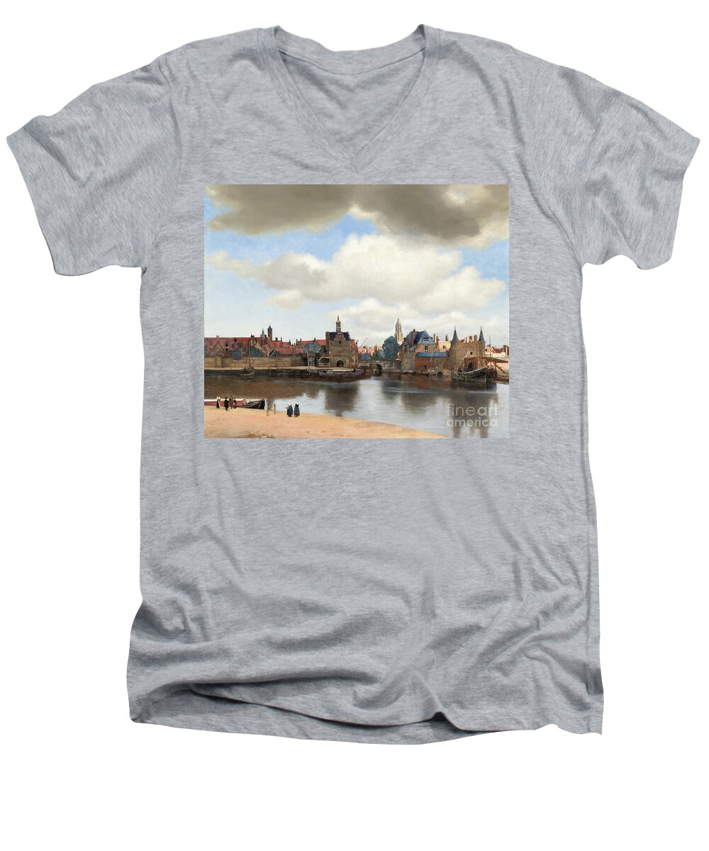 Jan Vermeer Men's V-Neck T-Shirt featuring the painting View Of Delft, C.1660-61 (oil On Canvas) by Jan Vermeer