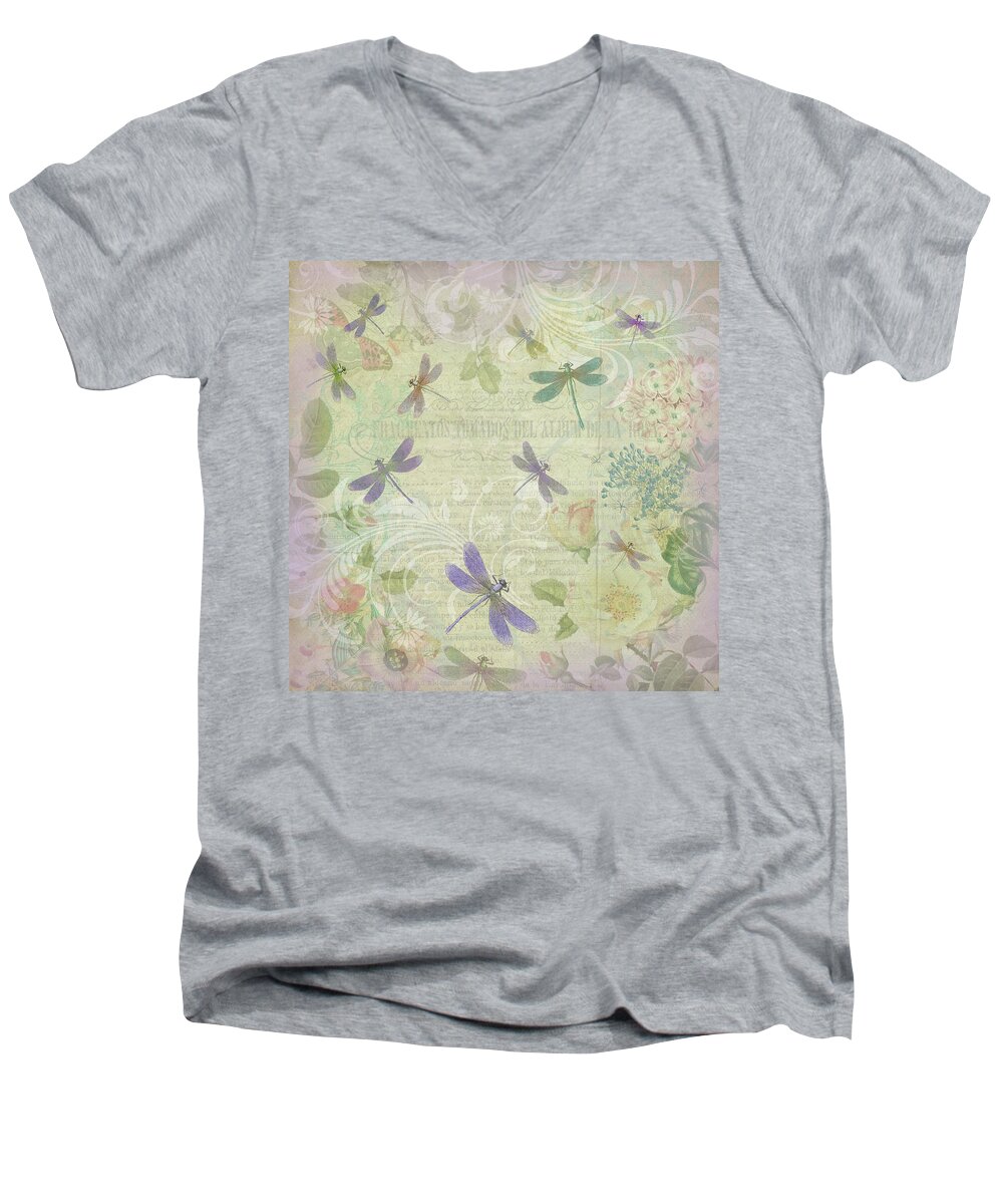 Botanical Men's V-Neck T-Shirt featuring the mixed media Vintage Botanical Illustrations and Dragonflies by Peggy Collins