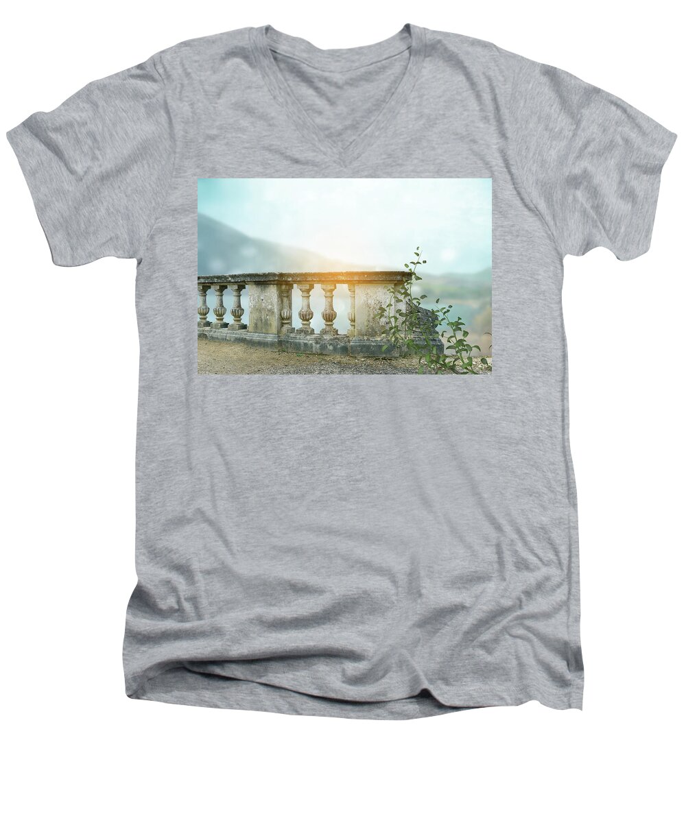 Balustrade Men's V-Neck T-Shirt featuring the photograph Vintage landscape balustrade view over a river by Ethiriel Photography