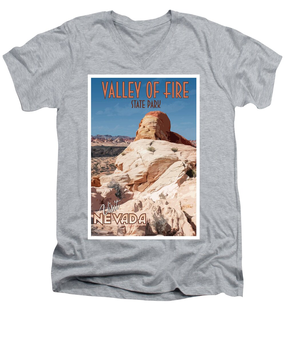 Nevada Men's V-Neck T-Shirt featuring the digital art Visit Nevada's Valley of Fire by Kristia Adams