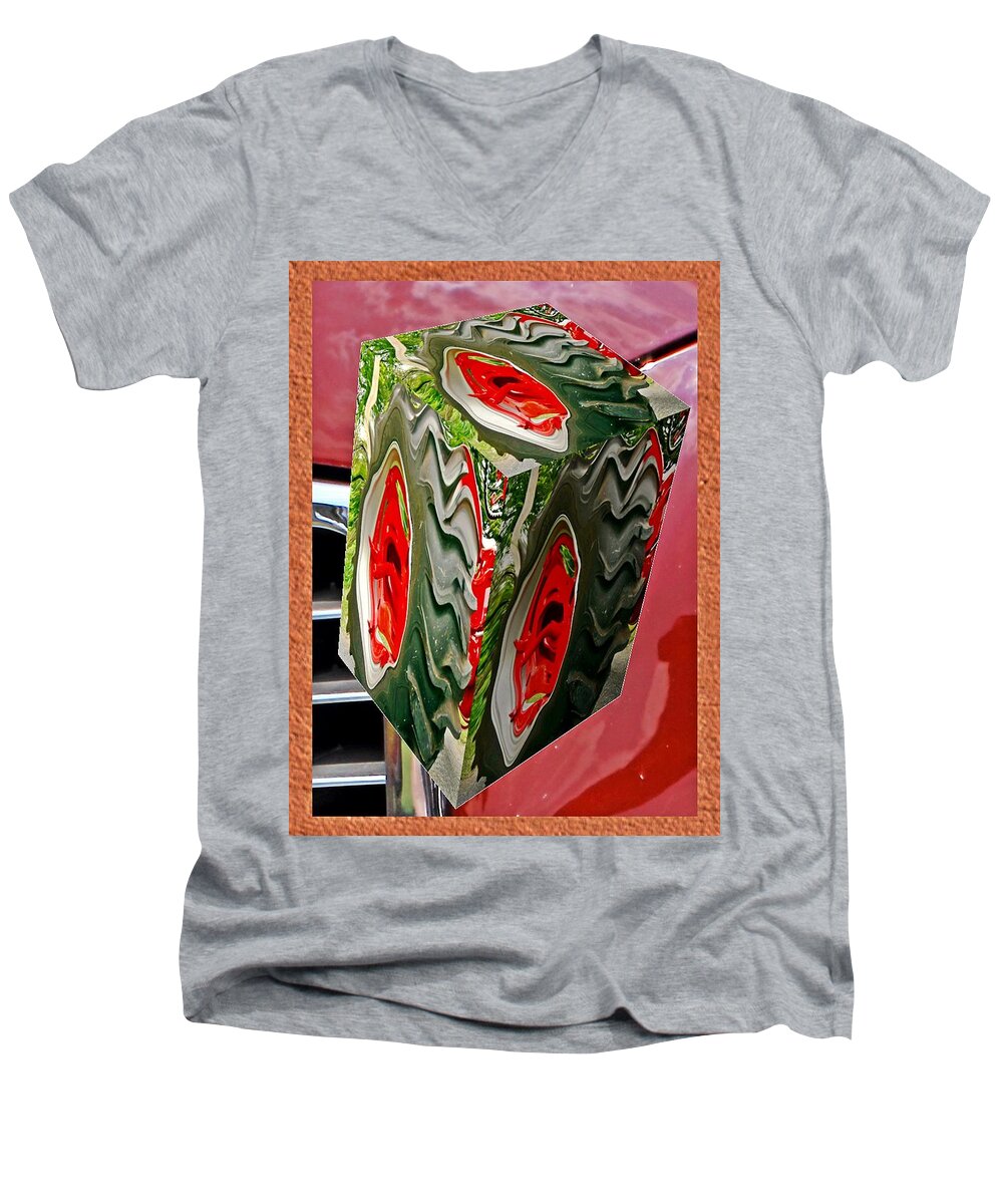 Cars Men's V-Neck T-Shirt featuring the digital art Warped tractor tire as a box by Karl Rose