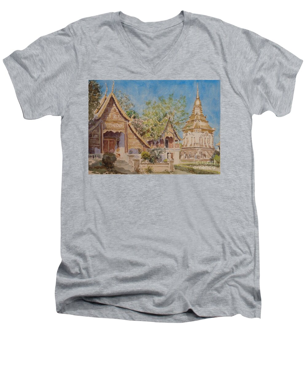 Travel Men's V-Neck T-Shirt featuring the painting Wat Chiang Man, Chiang Mai by Clive Wilson