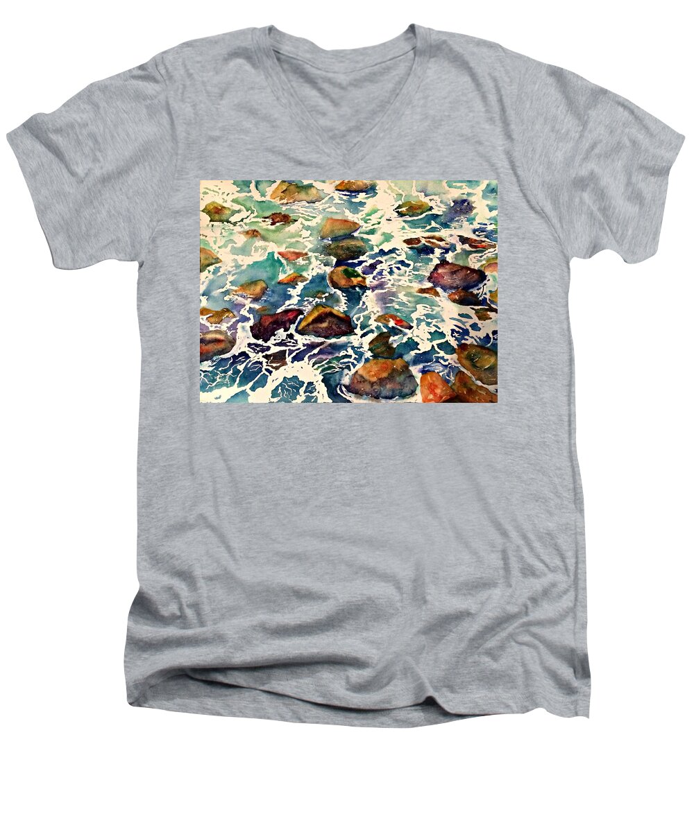 Water Men's V-Neck T-Shirt featuring the painting California Coast by Beth Fontenot