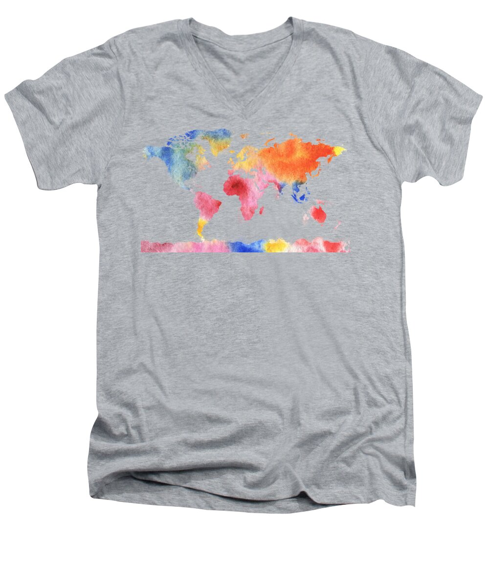 Rainbow Men's V-Neck T-Shirt featuring the painting Watercolor Silhouette World Map Colorful PNG V by Irina Sztukowski