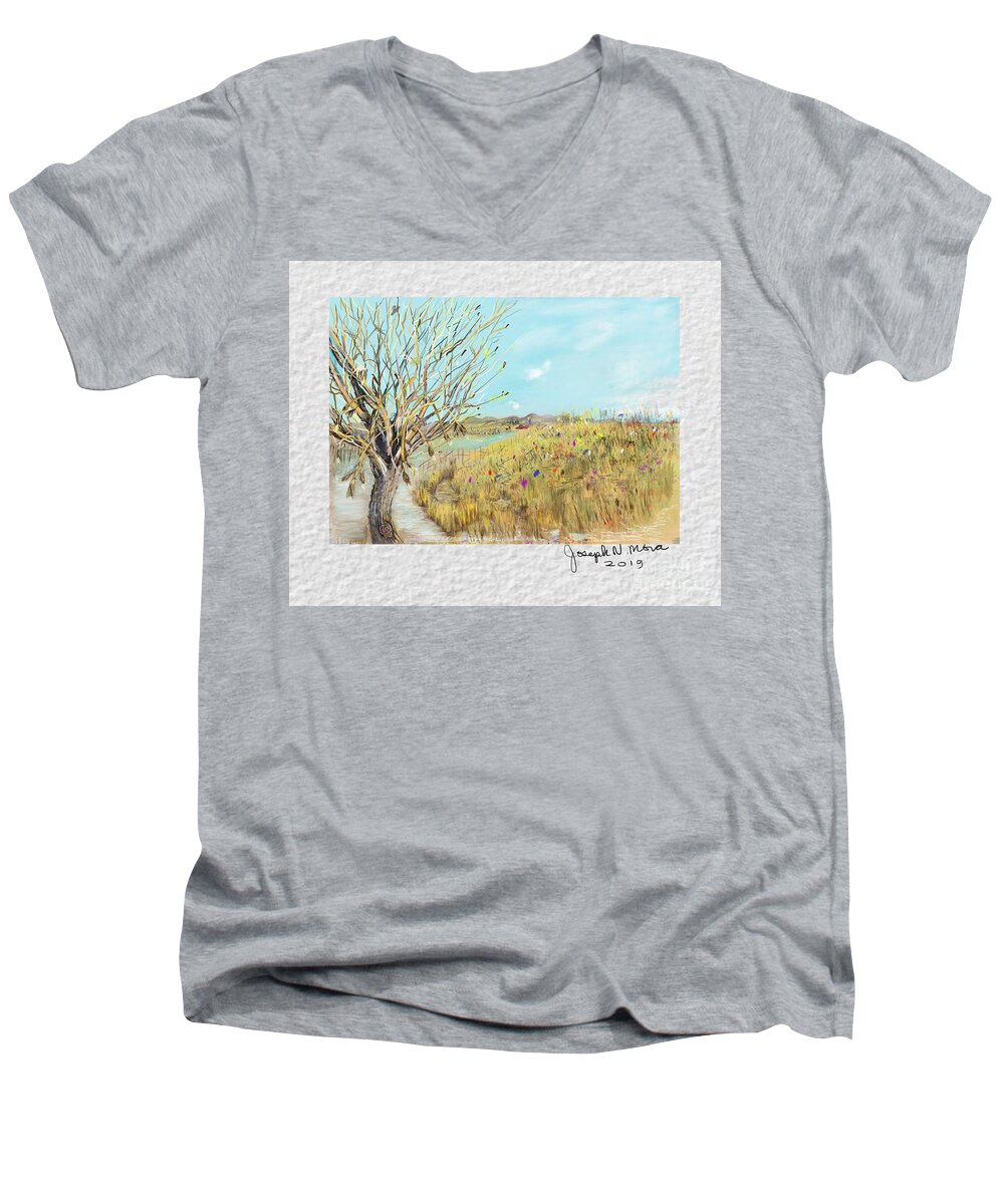 Landscape Men's V-Neck T-Shirt featuring the digital art What can you see ? by Joseph Mora