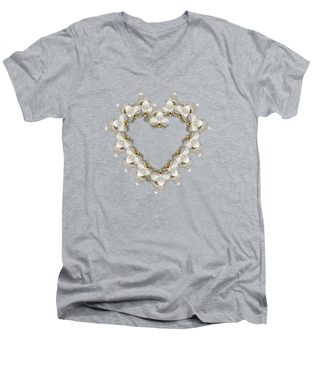 White Orchid Floral Heart Love And Romance Men's V-Neck T-Shirt featuring the photograph White Orchid Floral Heart Love and Romance by Rose Santuci-Sofranko