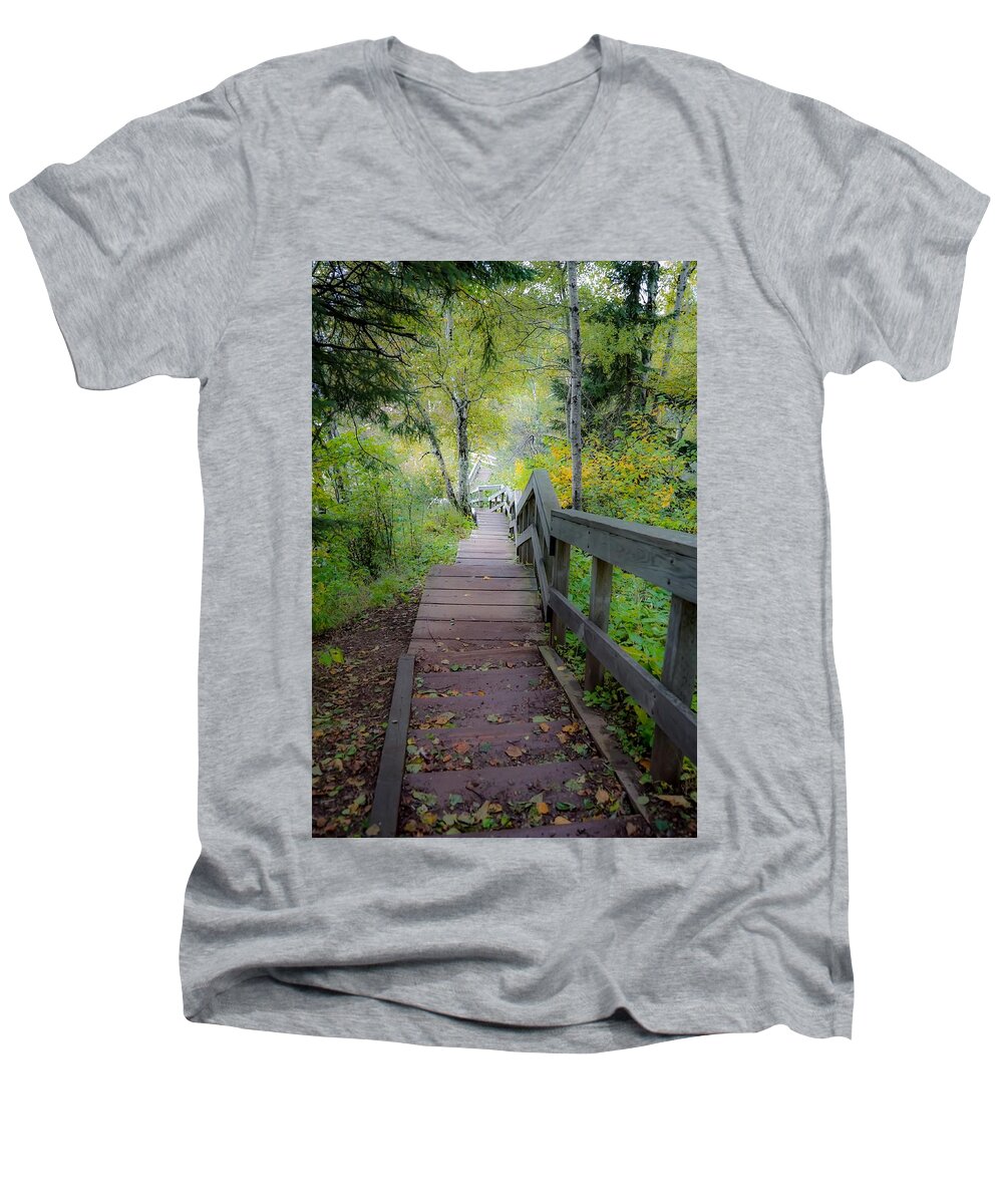 Tettegouche State Park Men's V-Neck T-Shirt featuring the photograph Winding Stairs in Autumn by Susan Rydberg