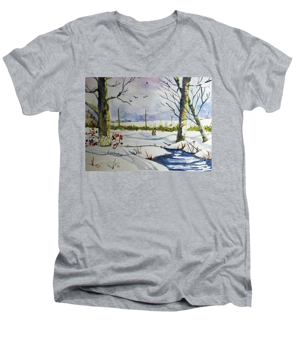 Diane Berry Men's V-Neck T-Shirt featuring the painting Winter Hike by Diane E Berry
