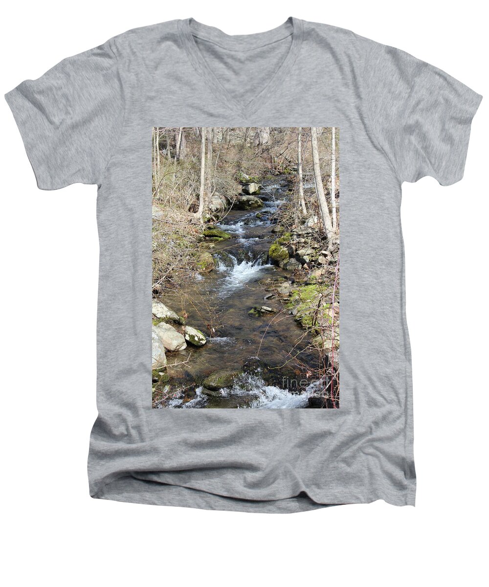Winter Ice Melting In Poconos Men's V-Neck T-Shirt featuring the photograph Winter Ice Melting in Poconos by Barbra Telfer