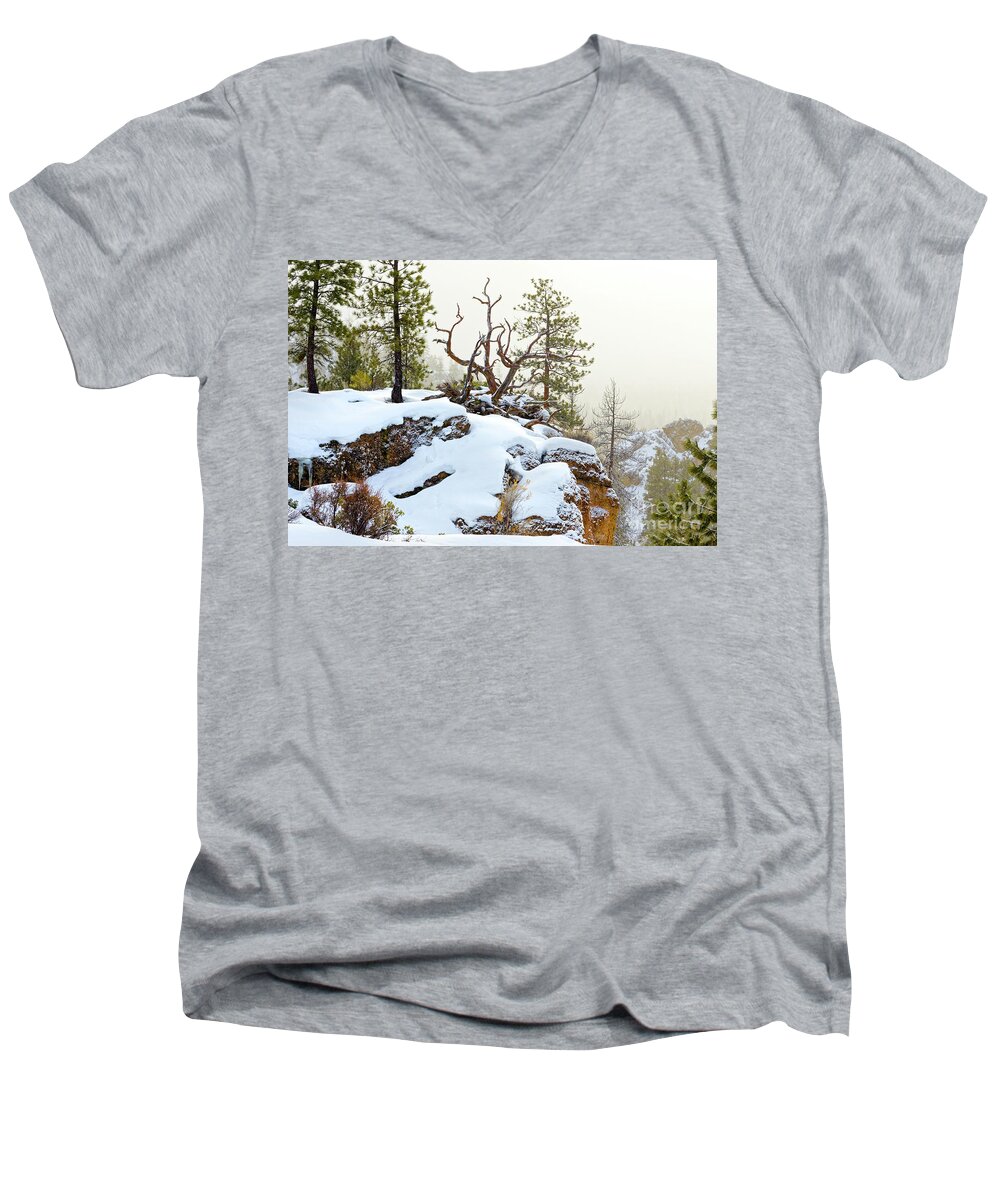 Ponderosa Pine Trees Men's V-Neck T-Shirt featuring the photograph Winter Snow Rocky Cliff Fallen Pine by Robert C Paulson Jr