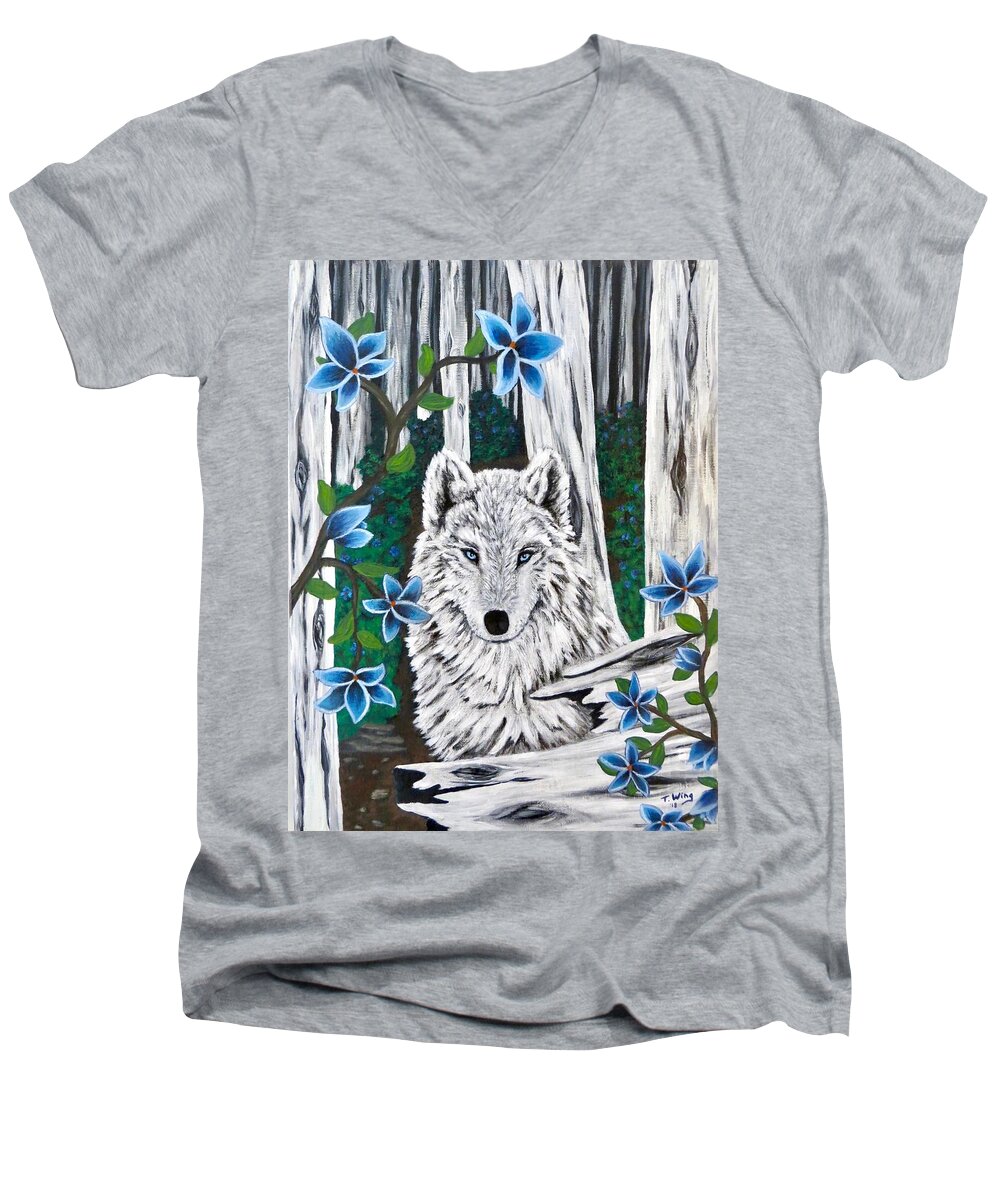 Wolf Men's V-Neck T-Shirt featuring the painting Wolf in the woods by Teresa Wing