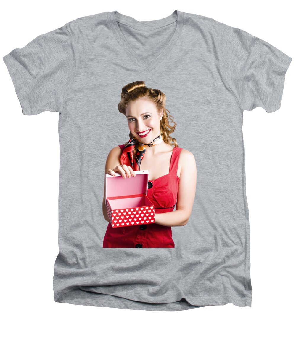 Valentines Day Men's V-Neck T-Shirt featuring the photograph Woman holding gift box by Jorgo Photography