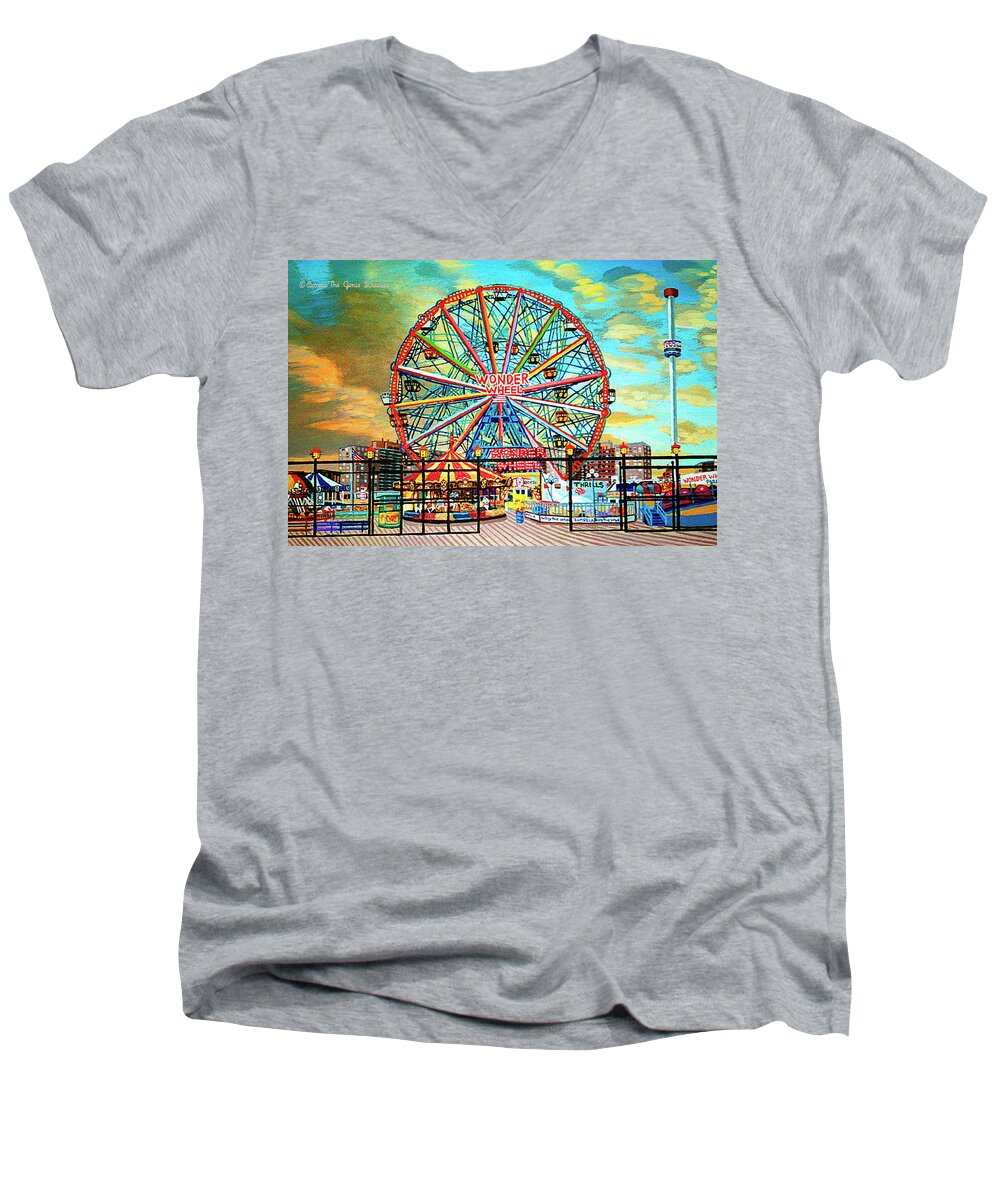  Men's V-Neck T-Shirt featuring the painting Wonder Wheel Weekender Tote Bag Version by Bonnie Siracusa