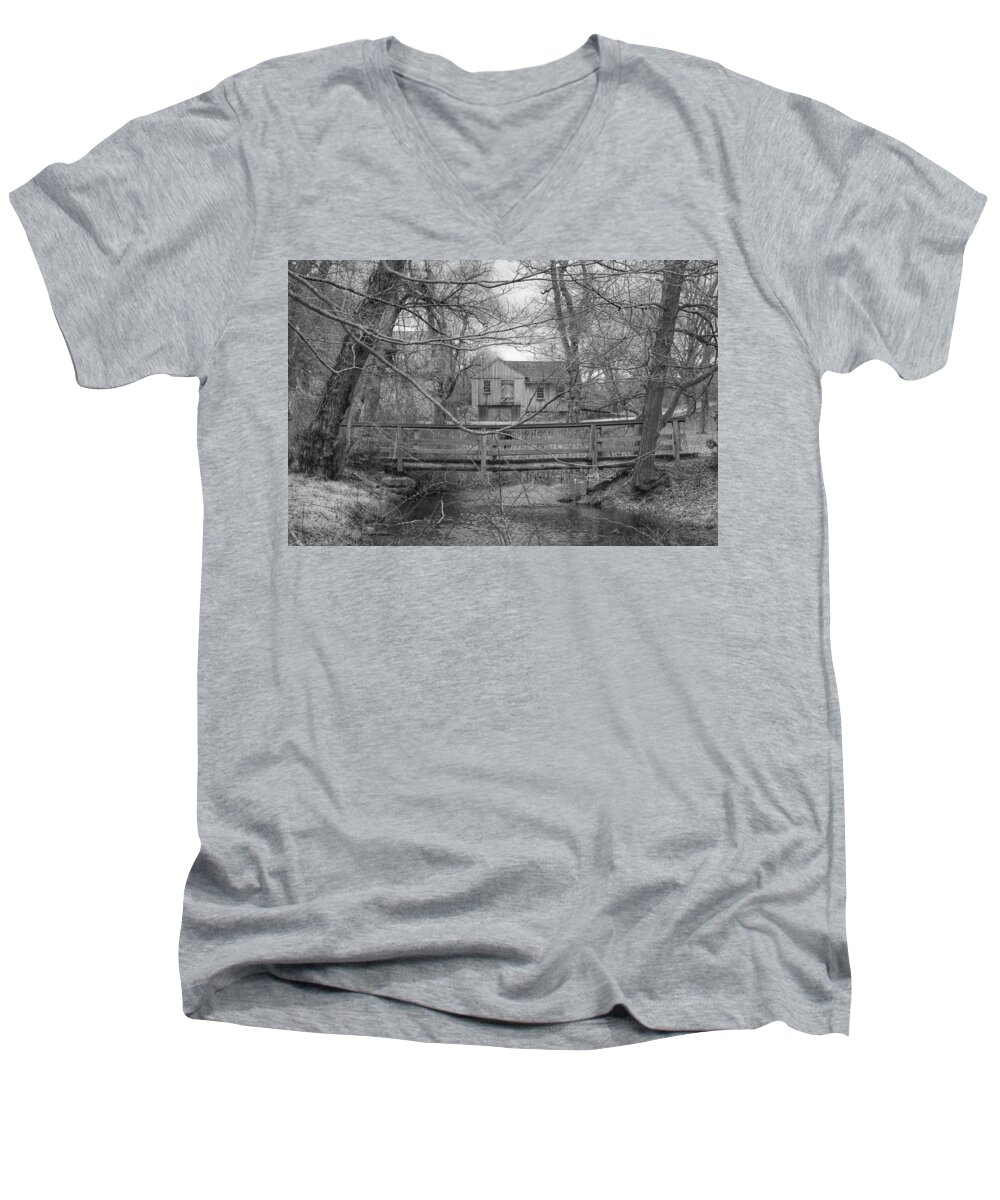 Waterloo Village Men's V-Neck T-Shirt featuring the photograph Wooden Bridge Over Stream - Waterloo Village by Christopher Lotito
